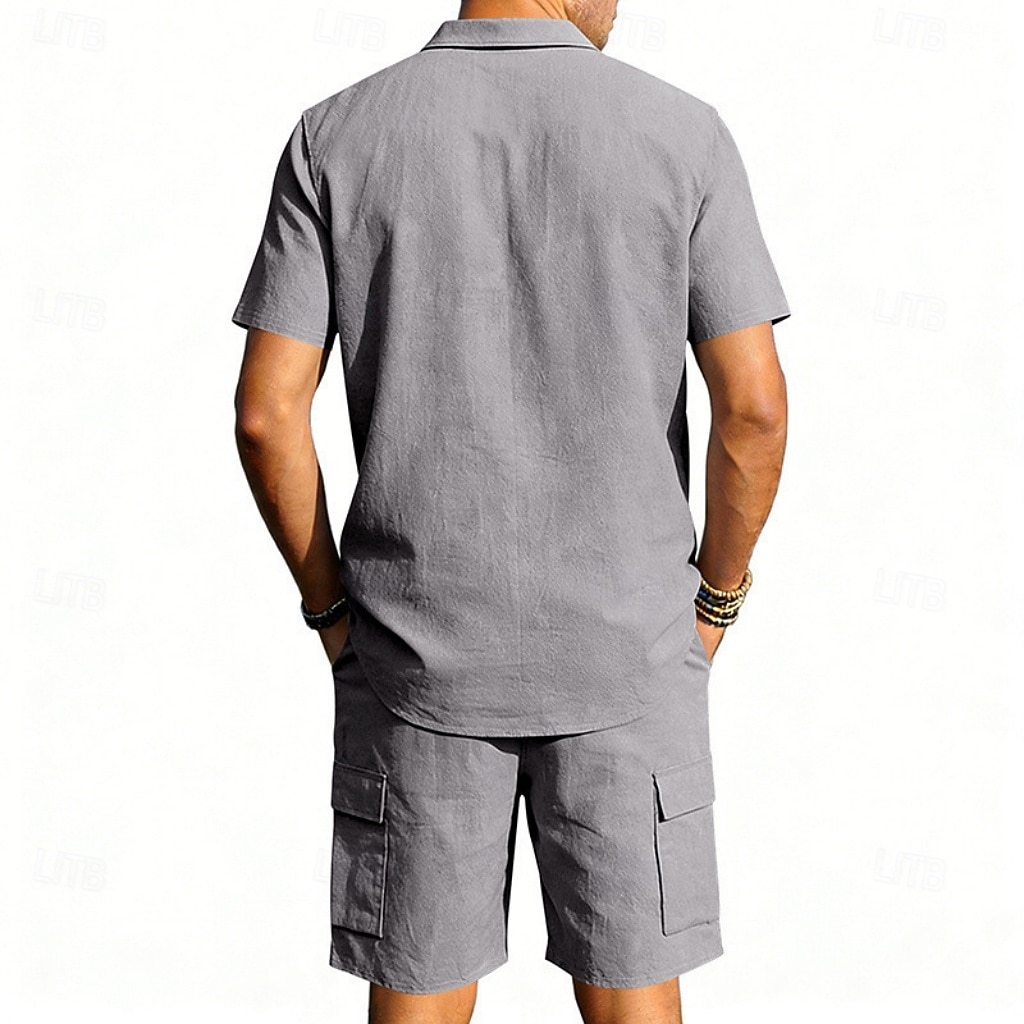 Homens Camisa de linho 2 Peças Conjunto de camisa E Bermuda Cargo Calção Shorts de linho Definir Tecido Diário Ao ar livre Férias Aberto para a Lateral Manga Curta Verão Moda Casual Confortável Roupa de 2026 por $32.99 –P19
