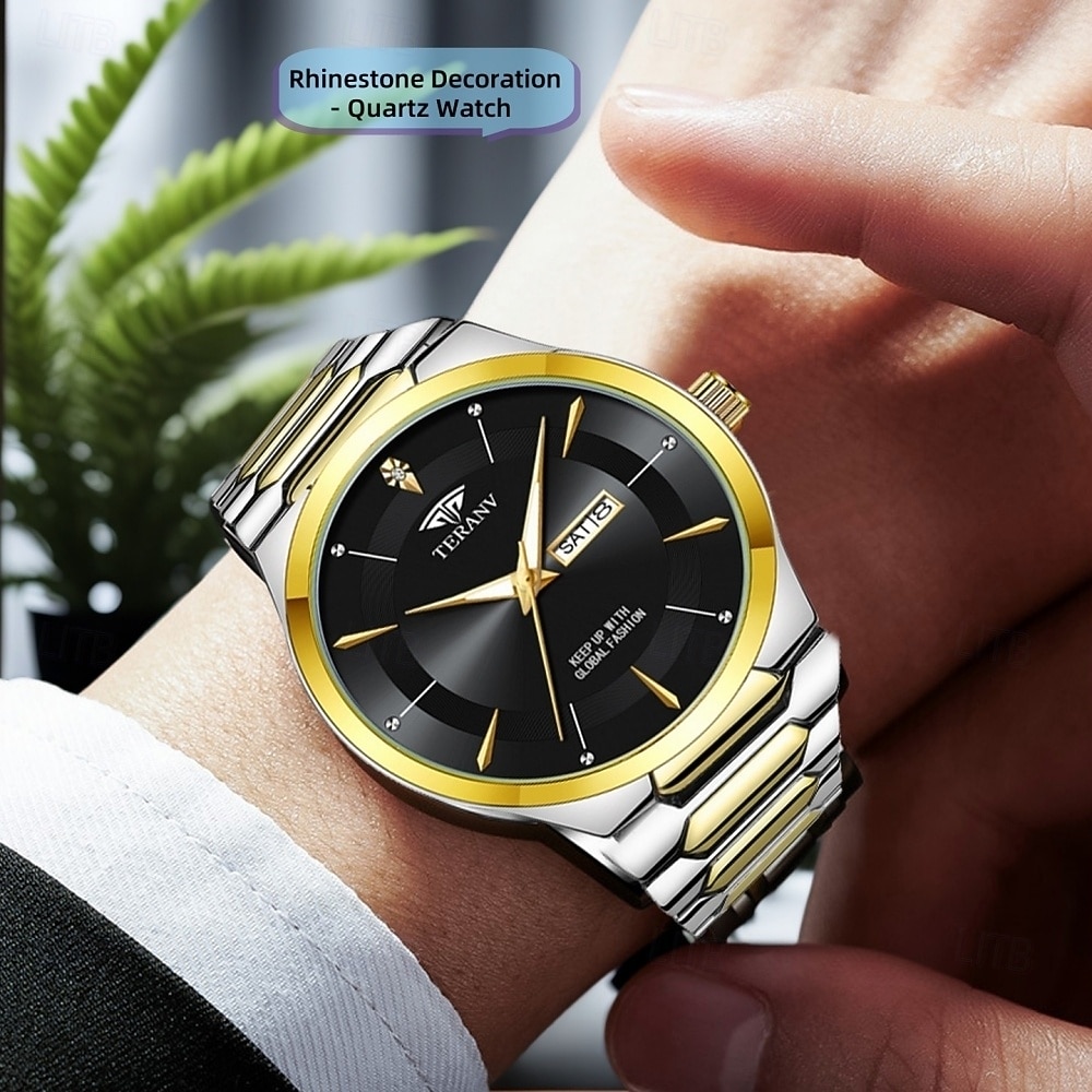 Men's Watch Luxury Two-Tone Gold Silver Stainless Steel Bracelet, Black Dial Day Date Waterproof Quartz Wristwatch, Fashion Business Dress Watch, Gift for Men on Wedding or Anniversary 2026 - $24.99 –P1