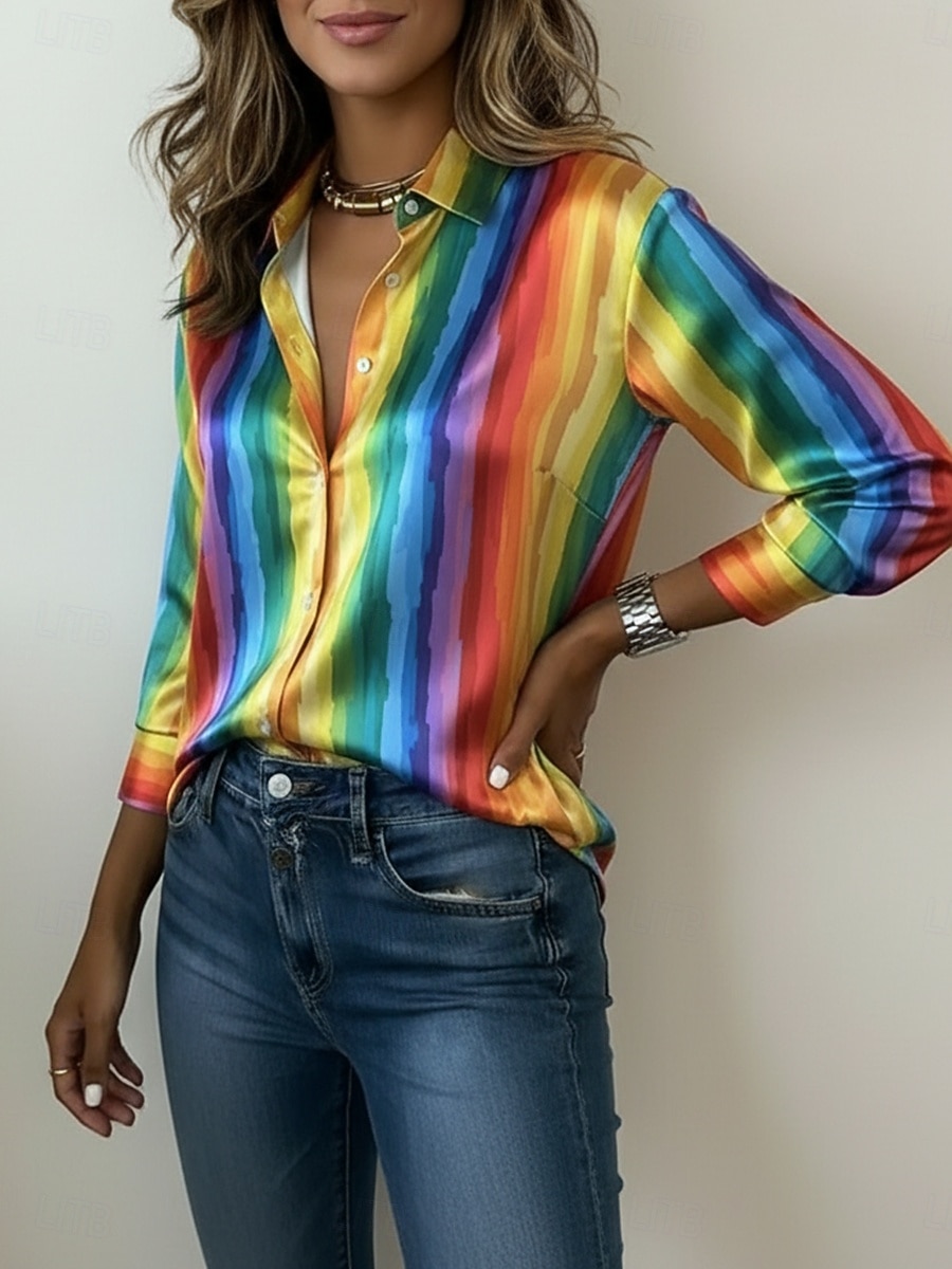 Women's Shirt Satin Shirt Print Graphic Rainbow Striped Vacation Fashion Daily Long Sleeve Shirt Collar Regular Tops Daily Holiday Going out Rainbow Summer Spring Fall 2026 - $24.99 –P2