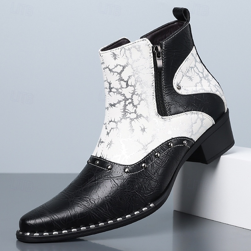 Stivaletti da uomo in stile western bianchi e neri con cerniera laterale, stivali da cowboy a punta per uomini eleganti, ideali per festival musicali, feste, spettacoli teatrali e outfit alla moda. del 2026 a $64.99 –P2
