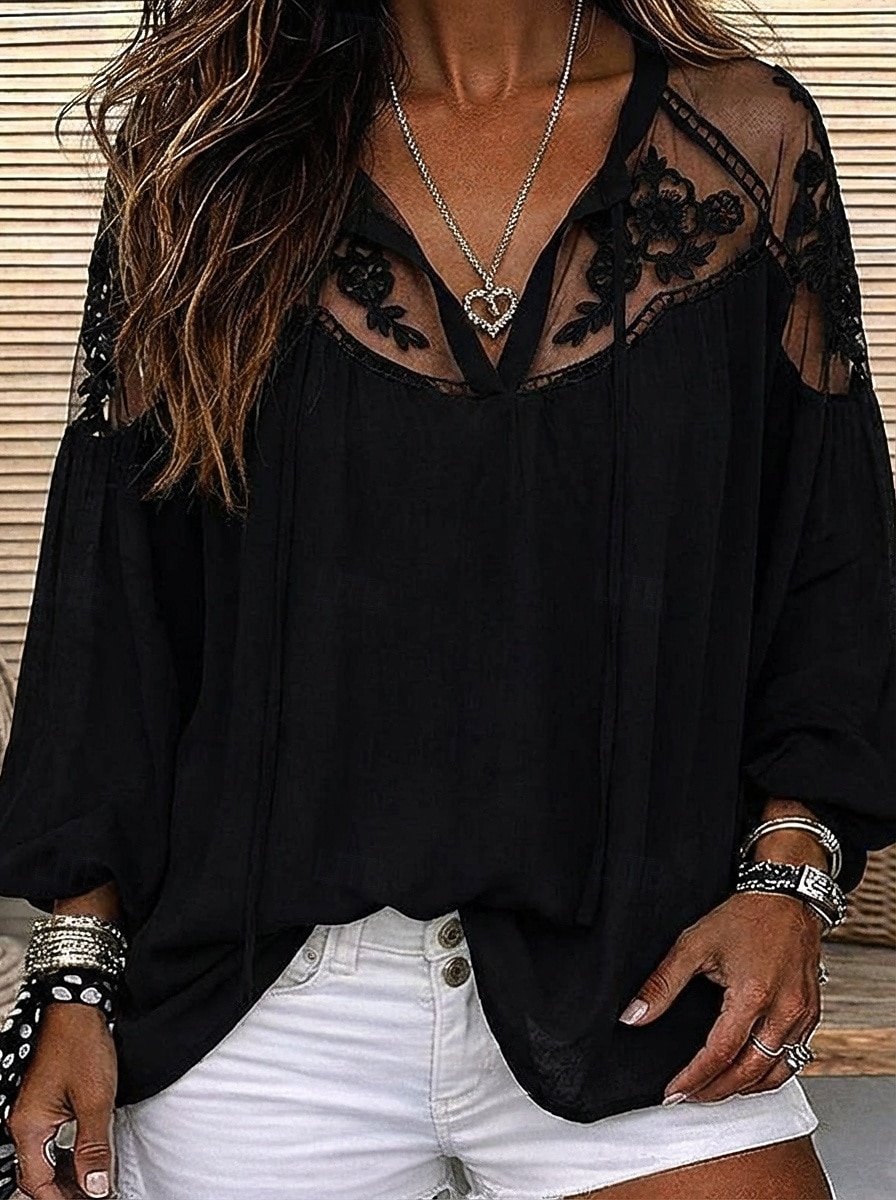 Women's Shirt Blouse Lace Tops Ruched Lace Plain Stylish Modern 3/4 Length Sleeve V Neck Regular Tops Casual Daily Holiday Black White Summer Spring 2026 - $25.99 –P2