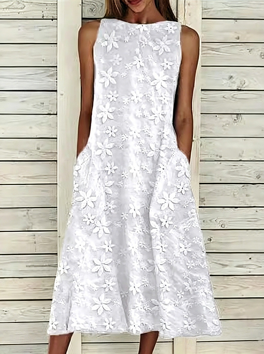 Mujer Vestido Midi Vestido de encaje Vestido blanco Elegante Moda Diario Playa Vacaciones Ajuste regular Floral Sin Mangas Escote Barco Blanco Verano Primavera 2026 - $32.99 –P1