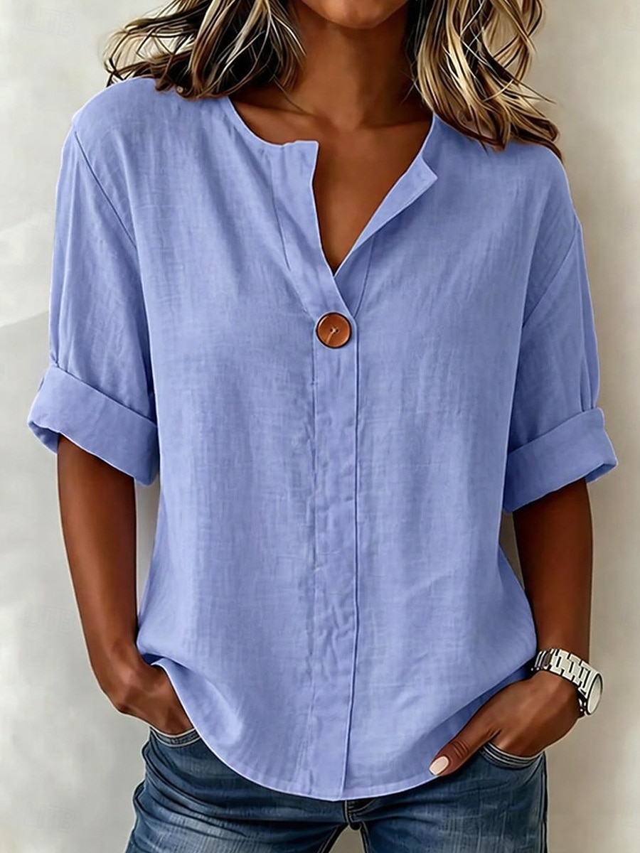 Women's Linen-feel Shirts Blouse Solid Color Plain Vintage Stylish Basic Short Sleeve V Neck Long Tops Casual Daily Pink Sky Blue Dark Blue Beige Summer Spring 2026 - $8.49 –P6
