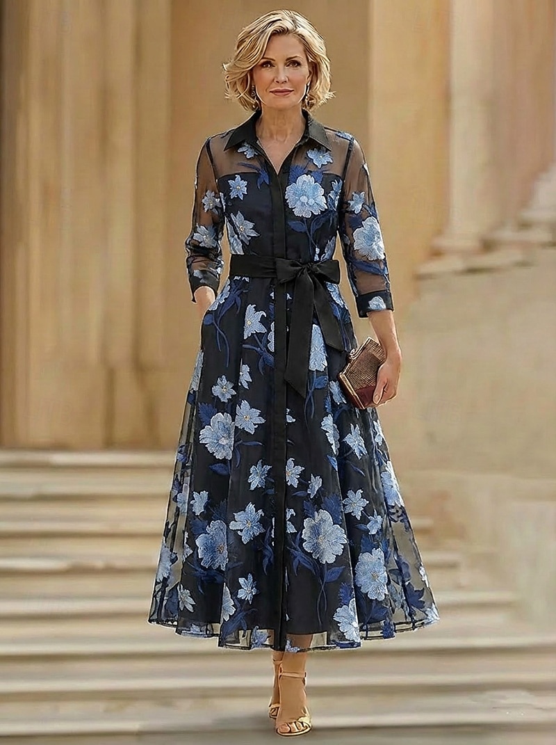A-lijn Jurken Tot de enkel Over de knie Bruiloft gast jurk Moeder van de bruid jurk 3/4 mouw Overhemdkraag Elegant Vintage Formeel Bruiloft gast Semi formeel Organza Jacquard met Strik(ken) 2026 - $154.79 –P4