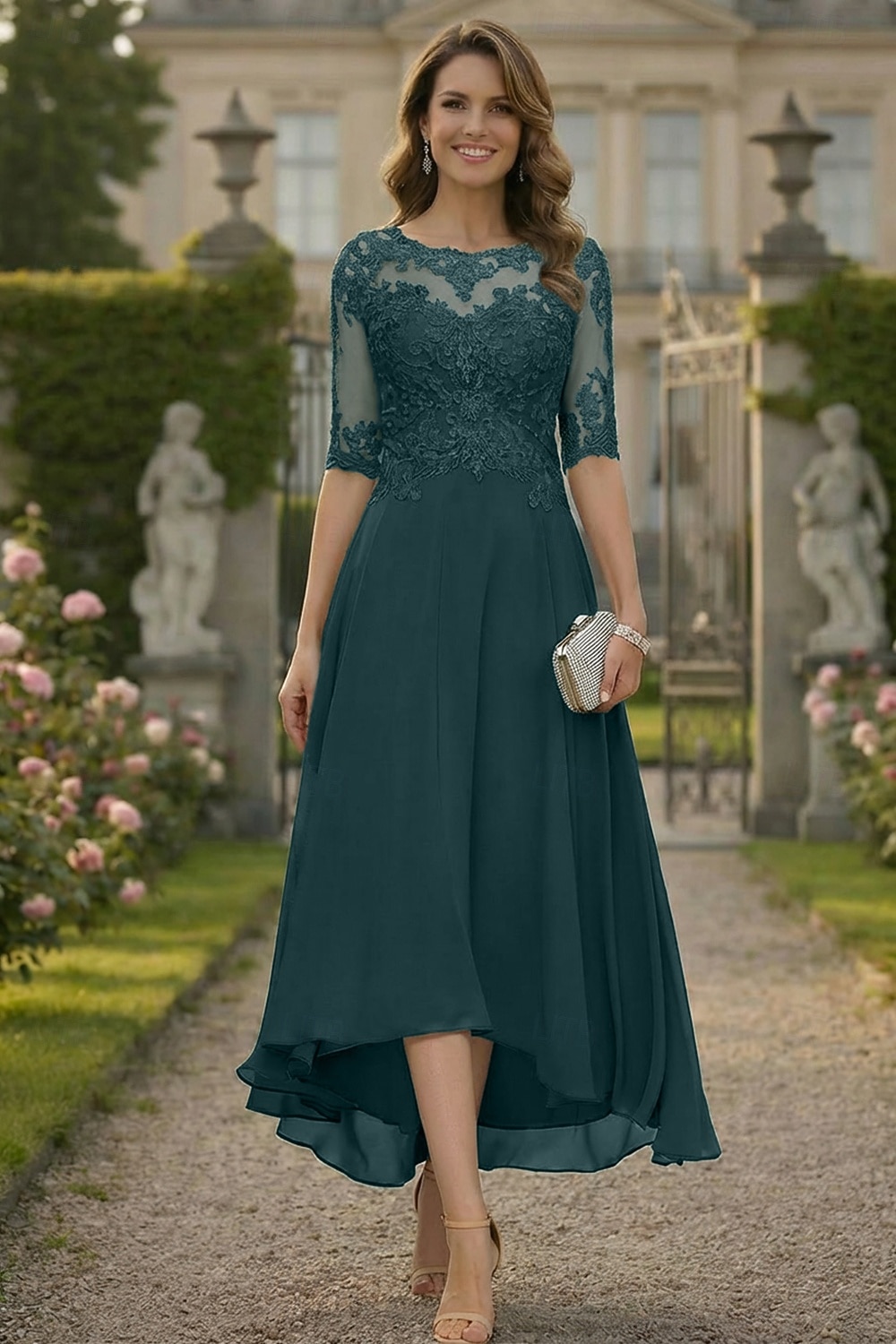 A-Linie Bodenlang Partykleid Cocktailkleid Kleid für Hochzeitsgäste Brautmutterkleid Halbarm Rundhalsausschnitt Elegant Formell Hochzeitsgast Formeller Abend Chiffon mit Einfarbig 2026 - $160.99 –P10