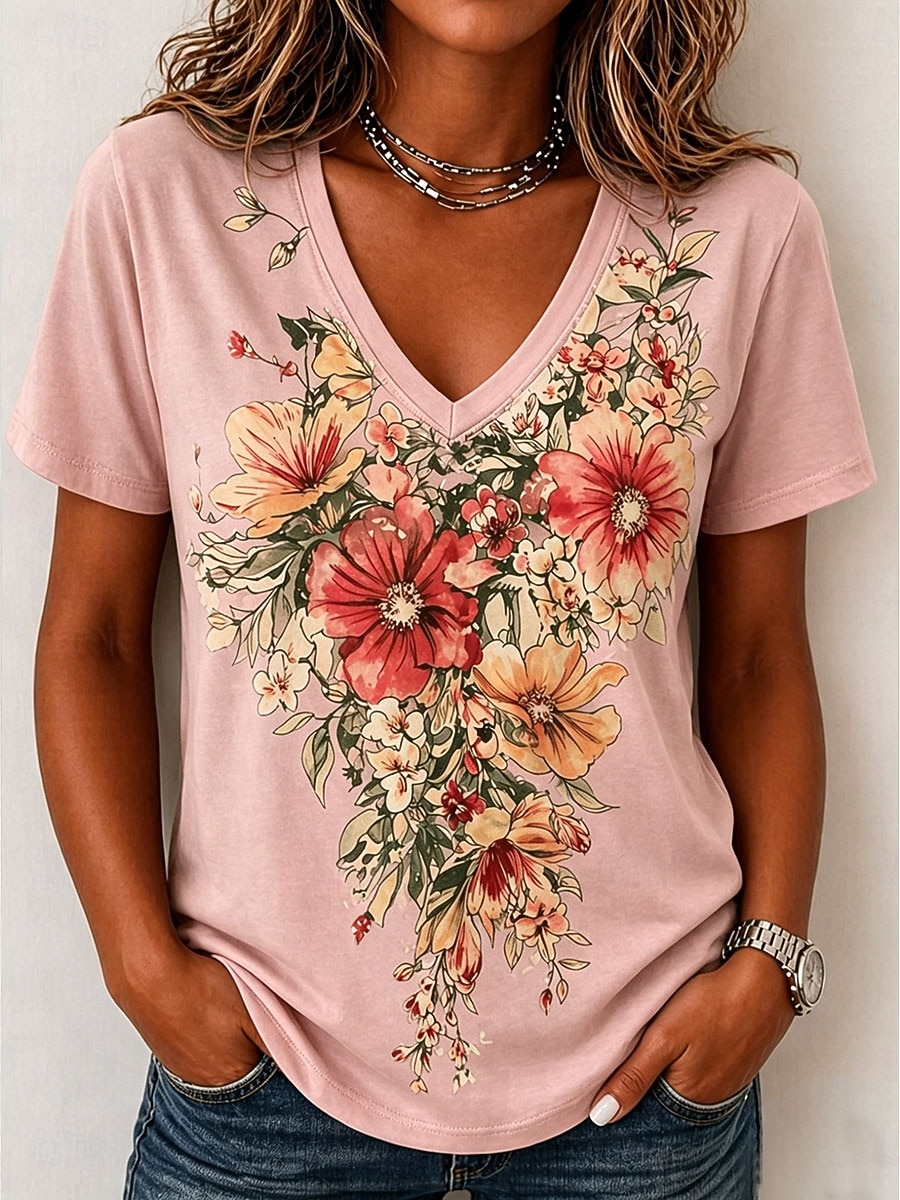 Per donna Maglietta Stampato Floreale Grafico Elegante Classico Casual Manica Corta Scollo a V Top Regolari Casuale Quotidiano Blu Rosa Viola Verde Beige Estate Primavera del 2026 a $21.99 –P5