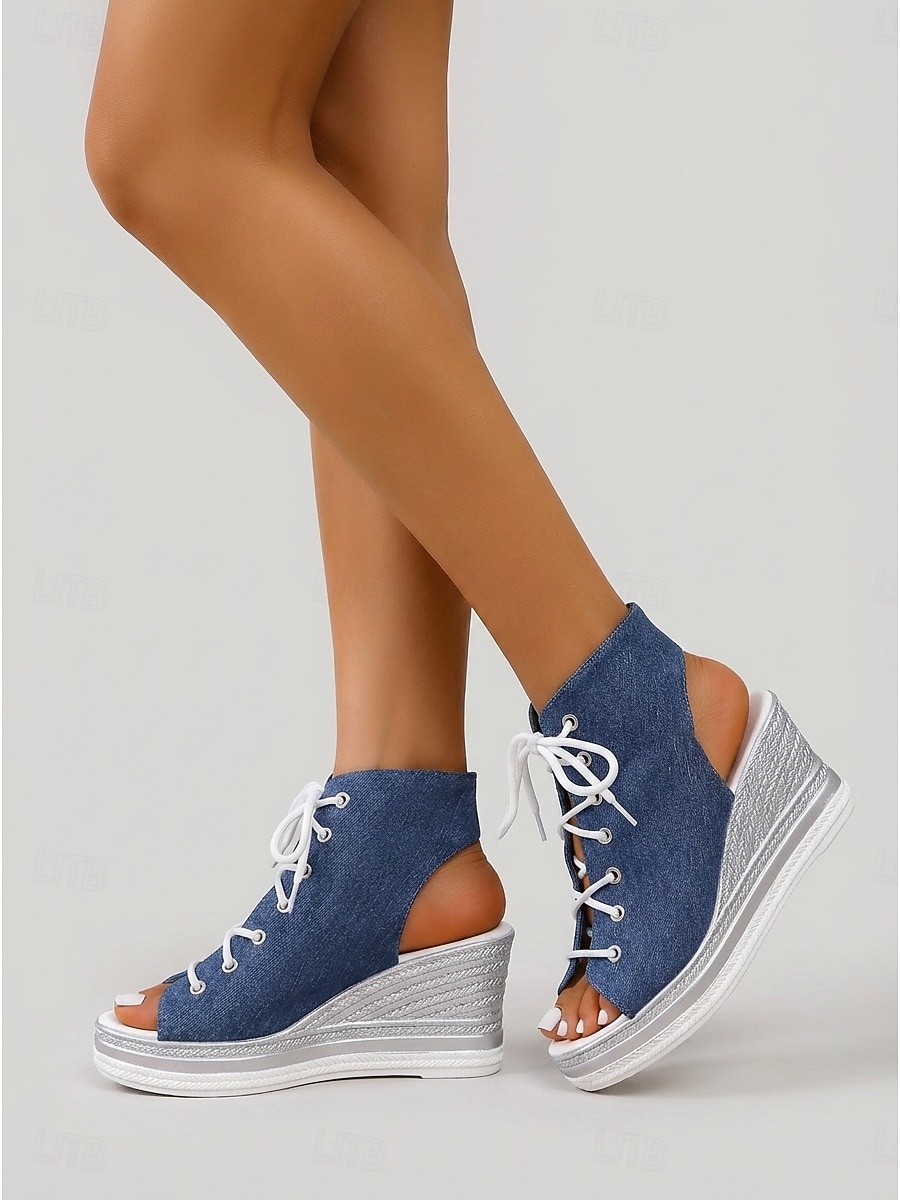 Sandali con zeppa e lacci in denim da donna – espadrillas con plateau e punta aperta, ideali per festival musicali, vacanze e abbigliamento casual all'aperto. del 2026 a $32.99 –P1