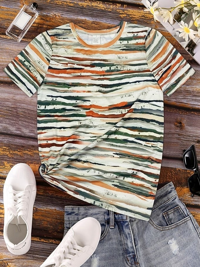 Women's T Shirt Print Graphic Geometric Striped Vintage Stylish Classic Short Sleeve Crew Neck Regular Tops Casual Daily Blue Light Green Pink Light Brown Black Summer Spring 2026 - $21.99 –P2