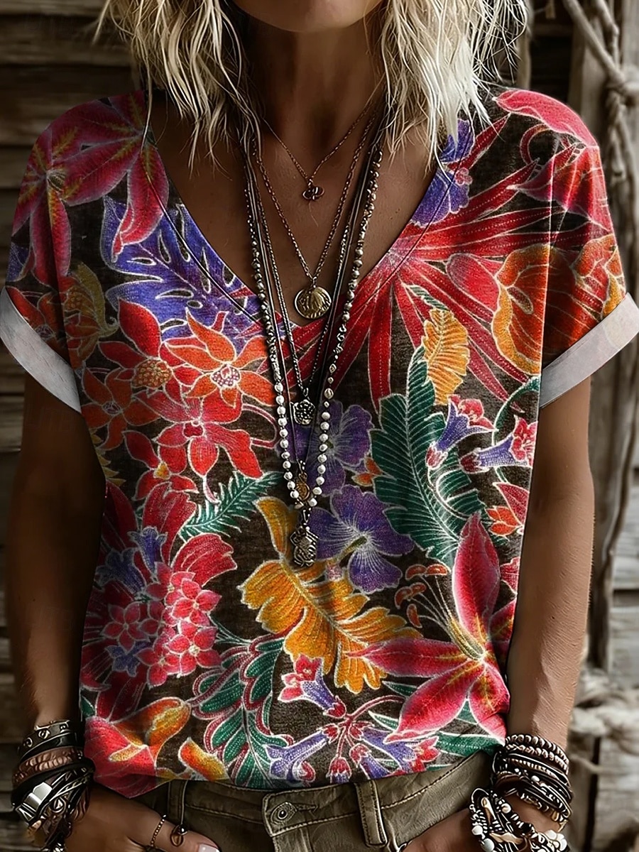 Women's T Shirt Print Graphic Abstract Geometry Vintage Stylish Classic Short Sleeve V Neck Regular Tops Daily Gym Going out Blue Yellow Orange Summer Spring 2026 - $21.99 –P2