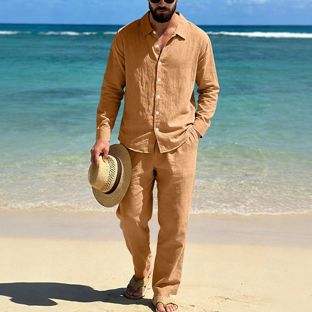 Homme Chemise en lin Deux pièces Ensemble Chemise Et Pantalons en Lin Pantalons Pantalon décontracté Set Uni Quotidien Extérieur Plage Col Rabattu manche longue Été Printemps Mode Occasionnel de 2026 ? $41.99 –P19