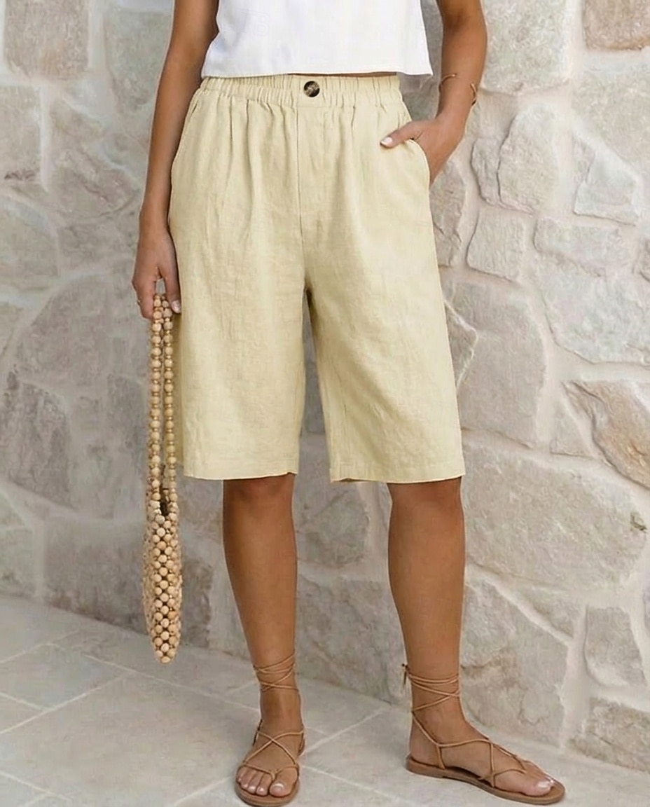 Mulheres Calças com toque de linho Bermudas Calças Capri Calção Férias Moda Roupa de rua Comprimento do joelho Cintura Alta Tecido Bolsos Cintura elástica Respirabilidade Confortável Respirável Com de 2026 por $9.49 –P2