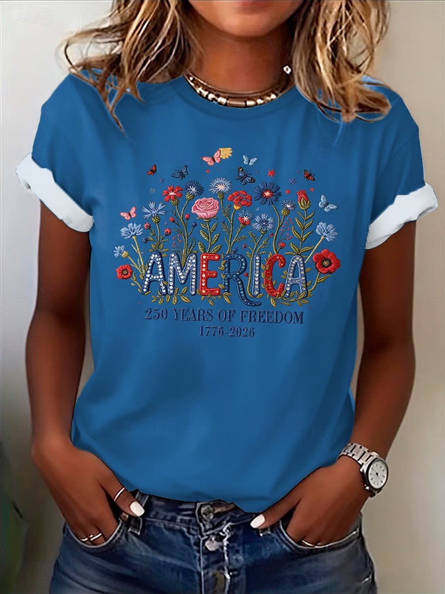 Dia da Independência Americana Mulheres Camiseta Imprimir Floral Gráfico Bandeira à moda Clássico Casual Manga Curta Gola Redonda Decote Redondo Tops regulares Casual Diário Azul Preto Branco Rosa de 2026 por $22.99 –P4