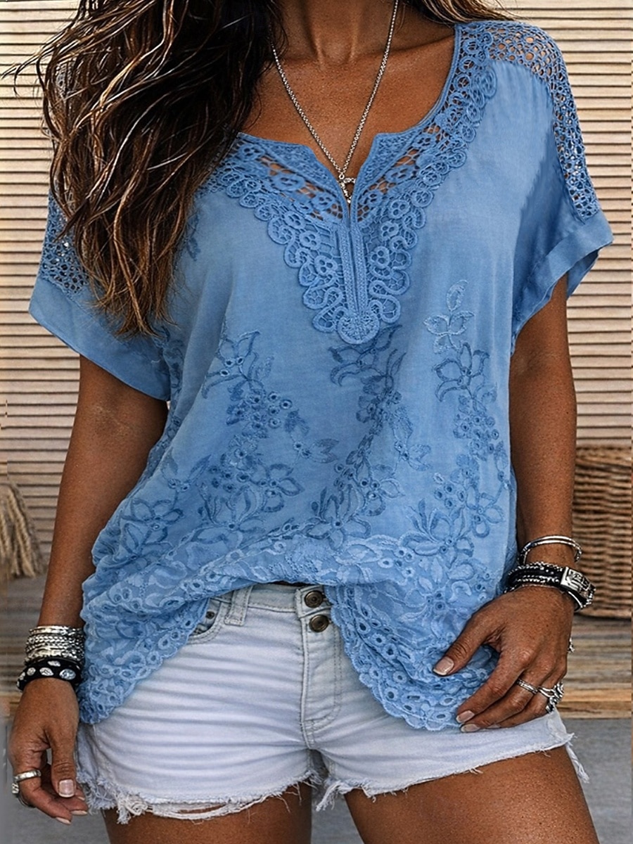 Per donna Blusa Pizzo Tinta unica Elegante Casual Manica Corta Scollo a V Top Regolari Quotidiano Blu Nero Bianco Arancione Grigio Estate Primavera Autunno del 2026 a $9.99 –P5