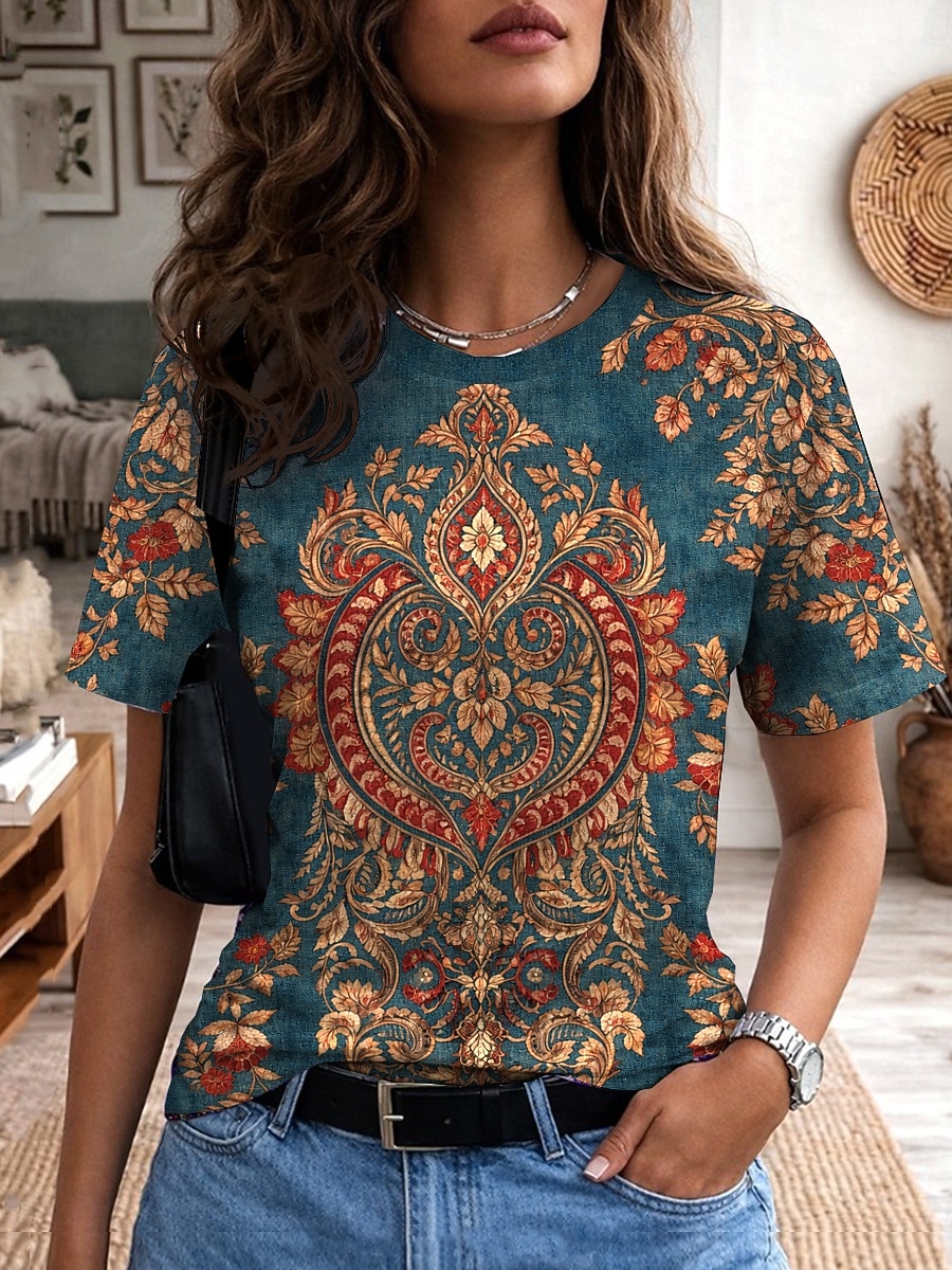 Pentru femei Tricou Imprimeu Grafic Abstract Epocă Stilat Clasic Manșon scurt Stil Nautic În V Topuri obișnuite Casual Zilnic Sfârșit de săptămână Albastru piscină Negru Galben Mov Maro Vară Primăvară 2026 - $21.99 –P7