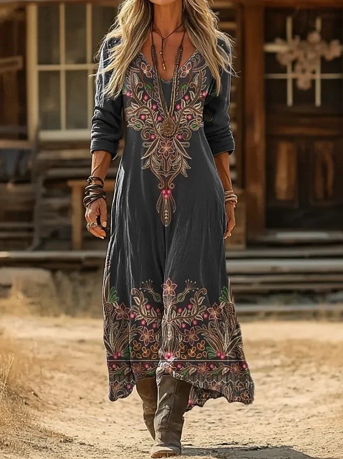 Dames Maxi-jurk Boho-jurk Vintage Jurk Casual jurk Vintage Ruim Passend Bloemig Lange mouw V-hals Zwart en Wit Ijsblauw Zwart Geel Zomer Lente 2026 - $37.99 –P4