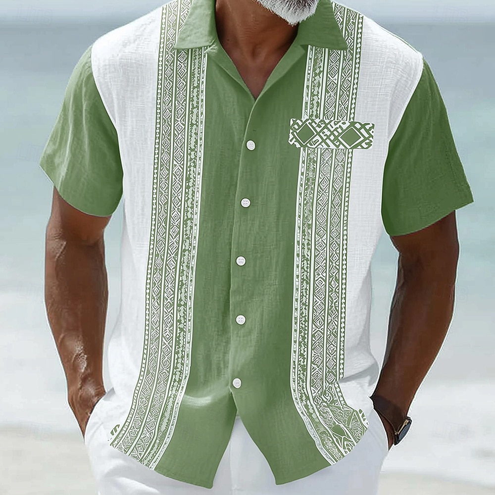 Men's Geometric Striped Ethnic Shirt Guayabera Shirt Button Up Shirt Short Sleeve Vintage Retro Daily Outdoor Vacation Summer Spring Turndown 3D Print Linen Like Shirt Blue Pink Purple Green Khaki 2026 - $25.99 –P1