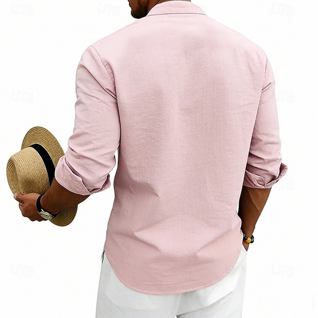Men's Shirt Linen Shirt Popover Shirt Summer Shirt Beach Shirt Geometric Casual Vacation Black White Pink Navy Blue Long Sleeve Stand Collar Summer Spring Clothing Apparel Buttons 2026 - $25.99 –P16