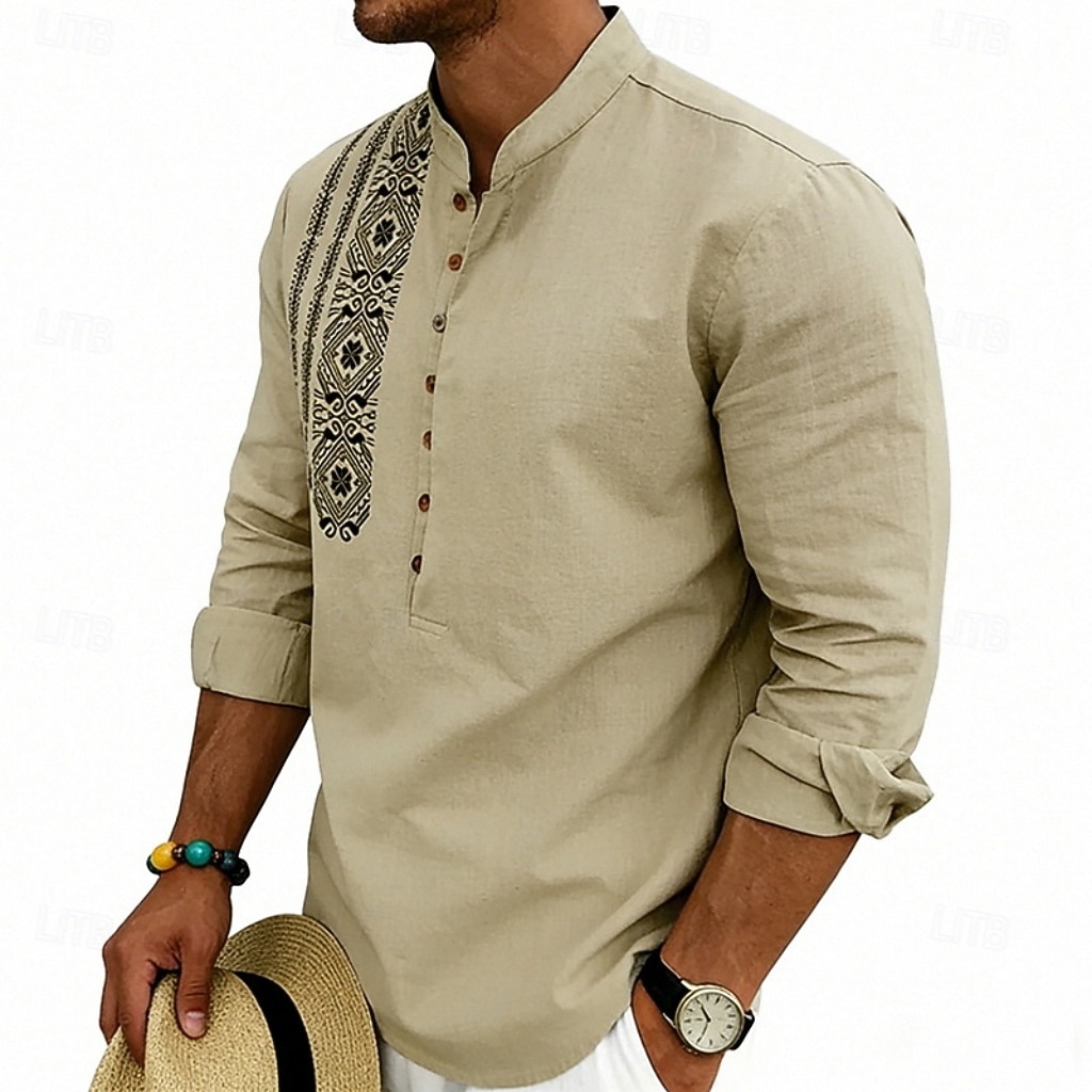 Men's Shirt Linen Shirt Popover Shirt Summer Shirt Beach Shirt Geometric Casual Vacation Black White Pink Navy Blue Long Sleeve Stand Collar Summer Spring Clothing Apparel Buttons 2026 - $25.99 –P6