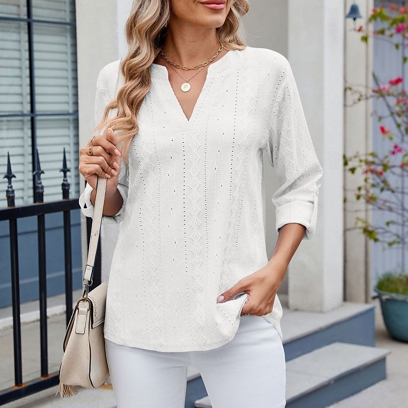 Women's Texture Blouse Eyelet Top Pointelle Tee T Shirt Eyelet Striped Fashion Classic Casual Long Sleeve V Neck Regular Tops Casual Daily Beach Black White Navy Blue Sky Blue Orange Summer Spring 2026 - $28.99 –P15