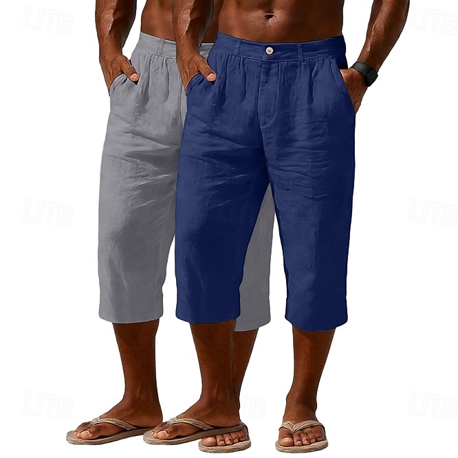 Homme Shorts Capri Shorts en Lin Short décontracté Avec Poches Taille Élastique Uni Confort Respirant Longueur mollet Quotidien Extérieur Plage Vacances Mode Noir + Bleu Marine Bleu Marine + Gris Non de 2026 ? $33.99 –P6