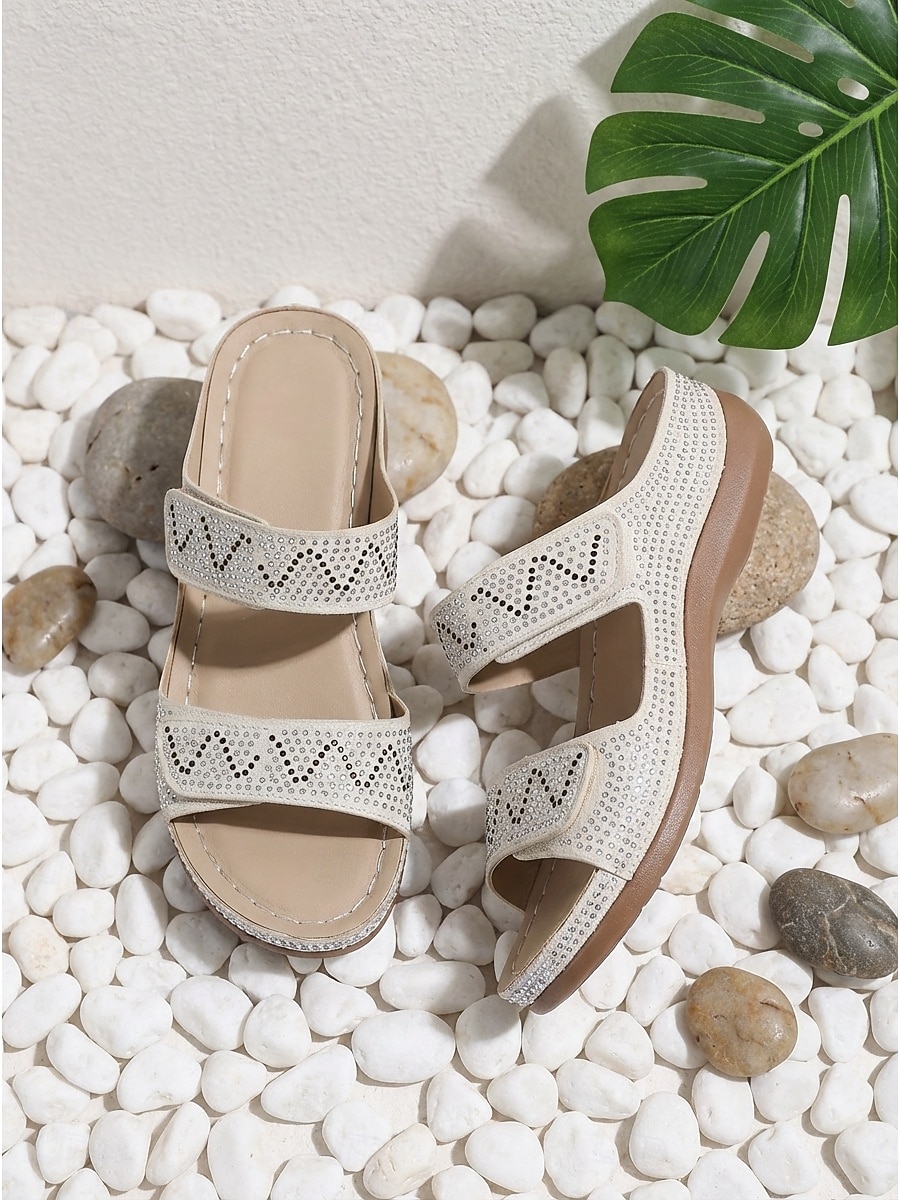 Sandalias blancas de cuña cómodas para mujer: sandalias planas con doble tira adornadas con brillantes pedrería y suela de plataforma ortopédica para resorts al aire libre y vacaciones en la playa. 2026 - $32.99 –P2