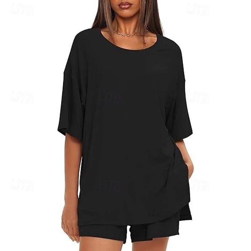 Women's Two Piece Sets Shorts Sets Short Sleeve Round Neck Plain Fashion Streetwear Casual Daily Outdoor Black Brown Summer Regular Fit 2026 - $28.99 –P1