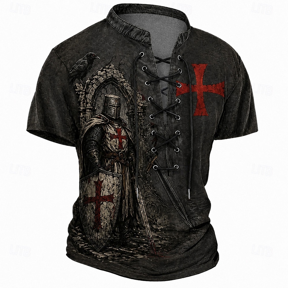 Caballeros Templarios, armadura de cruzado, cruz roja, cuervo, camisa Henley gótica vintage medieval para hombre, estampado integral, cordones, manga corta, feria renacentista, cosplay, disfraz, ropa 2026 - $18.99 –P2