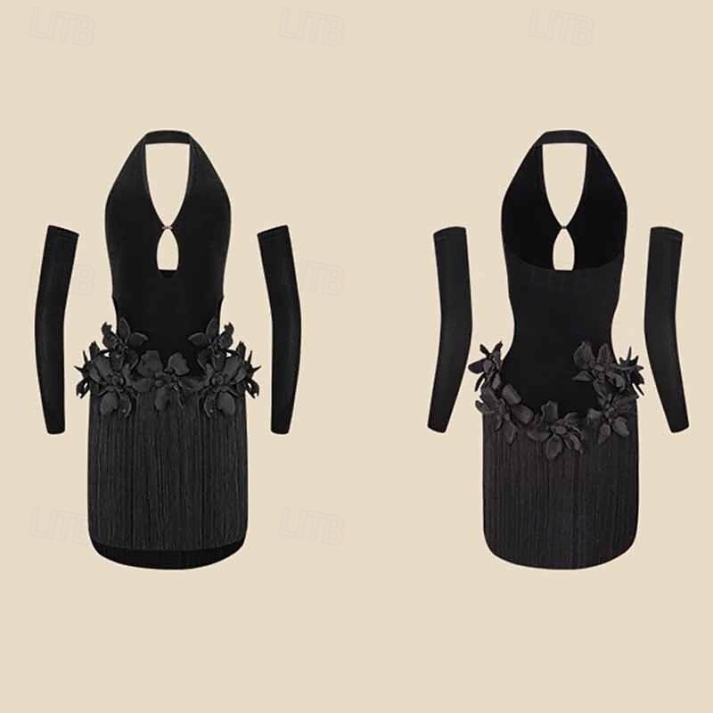 Junior Latin Dance Costume - Black Fringe Dress with Halter Neck, 3D Flowers & Mesh Sleeves for Performance 2026 - $220.49 –P2
