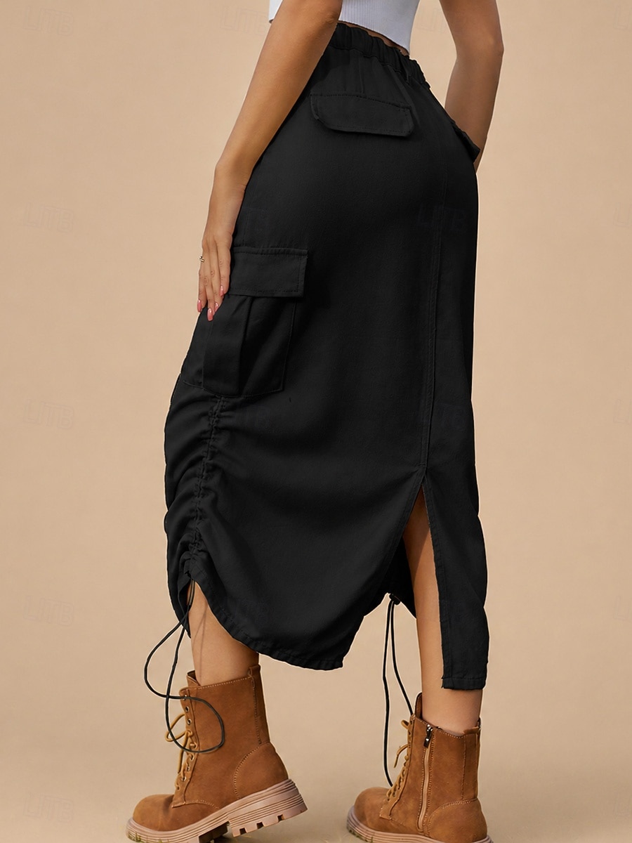 Per donna Scenette di carico Casual Midi Vita Alta Gonne Inelastico Quotidiano Cachi chiaro Nero Verde militare Estate del 2026 a $47.99 –P6