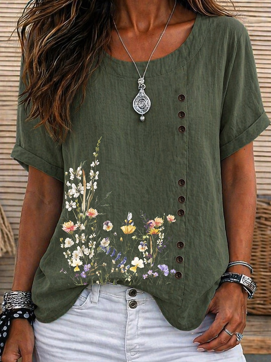 Women's Blouse Buttons Floral Graphic Elegant Vintage Daily Short Sleeve Crew Neck Regular Tops Casual Daily Holiday Blue Grass Green White Yellow Pink Summer Spring 2026 - $24.99 –P5