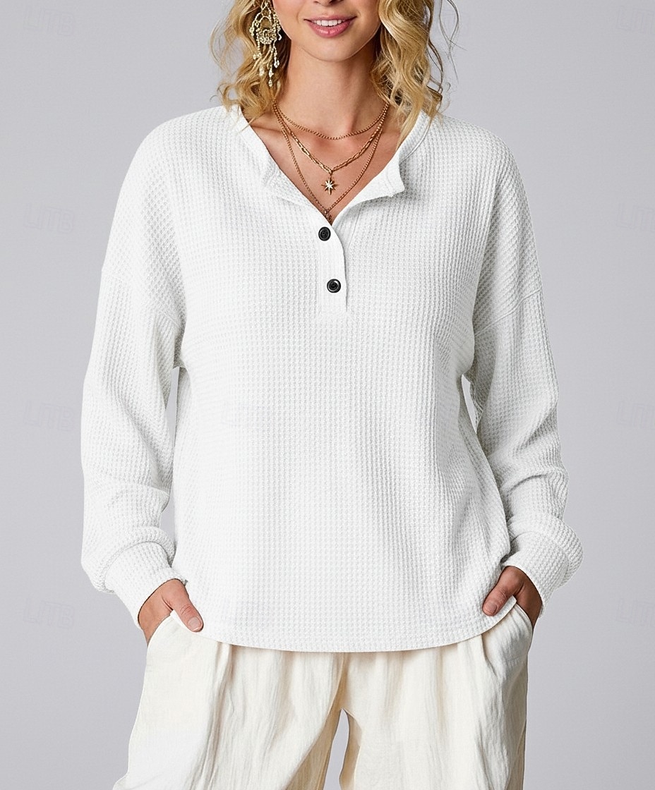 Femmes Chemise Tops en tricot gaufre Couleur Unie Élégant Classique Occasionnel manche longue Henley Hauts Réguliers Quotidien Sports Week-end Noir Blanche Jaune Rouge Orange Été Printemps Automne de 2026 ? $27.99 –P3
