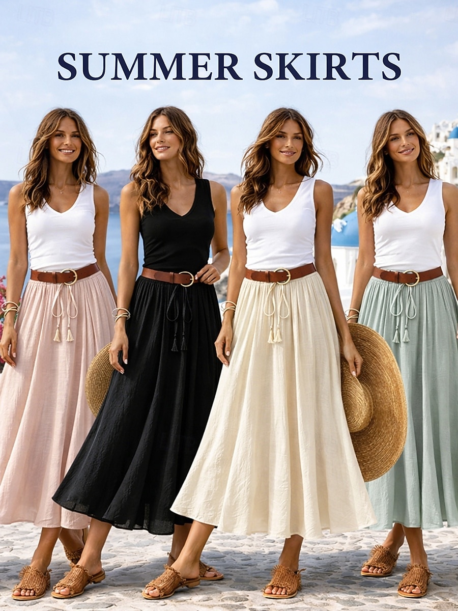 Mujer Falda de vacaciones Falda de lino y algodón sintético Moda Casual Maxi Alta cintura Faldas Plano Plisado Rígido Diario Vacaciones Azul Piscina Negro Rosa Caqui Verano 2026 - $11.49 –P1