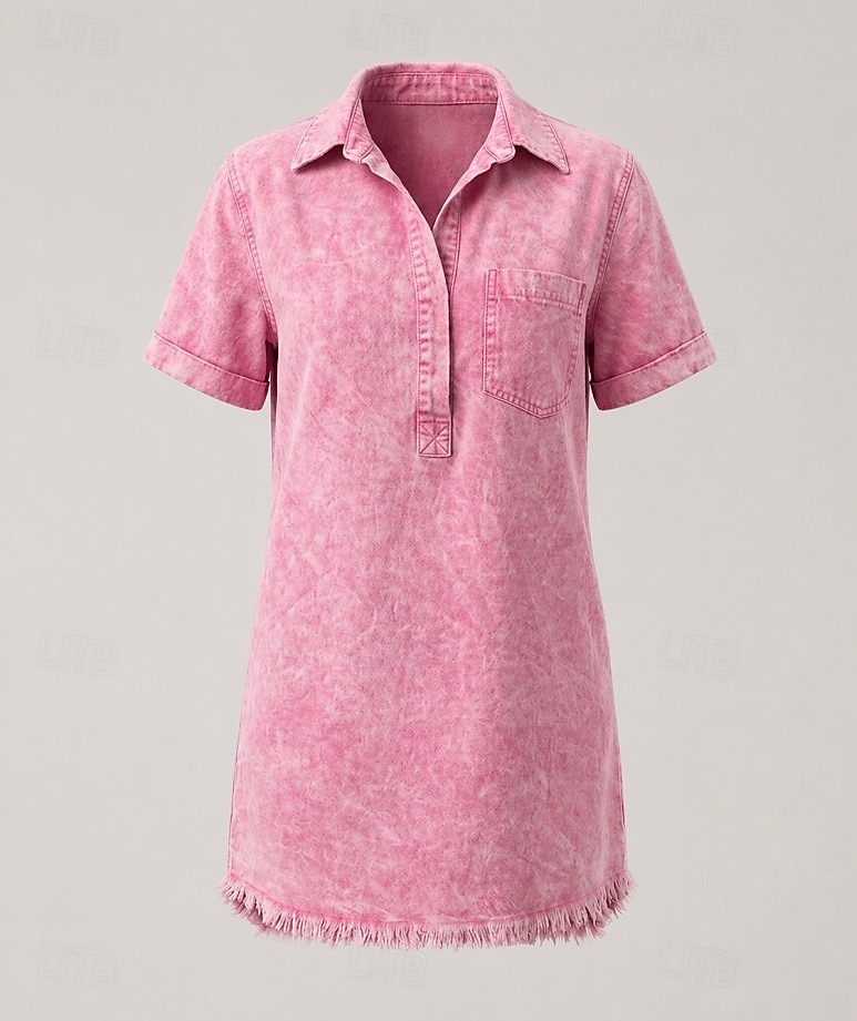 Rochie de damă până la genunchi, spălată, 90% bumbac, vintage, casual, mânecă scurtă, guler cămașă, albastru, negru, roz, vară, primăvară 2026 - $32.99 –P1