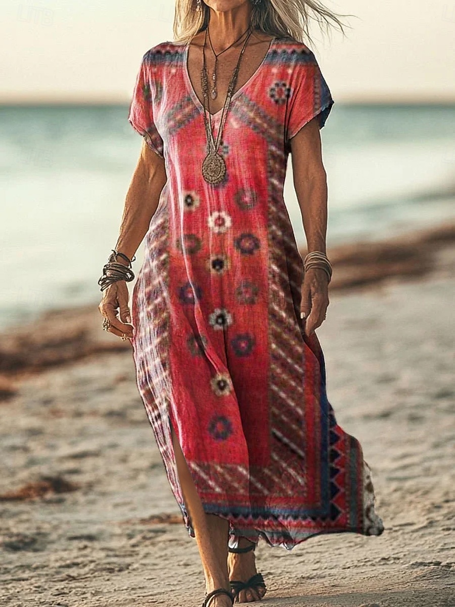 Per donna Abito maxi Vestito Estivo Vestito T-Shirt Abito a trapezio Vacanza Casual Spiaggia Uscire Vestibilità comoda Grafico Tribale Etnico Manica Corta Scollo a V Rosso scuro Vino Rosso Estate del 2026 a $29.99 –P1