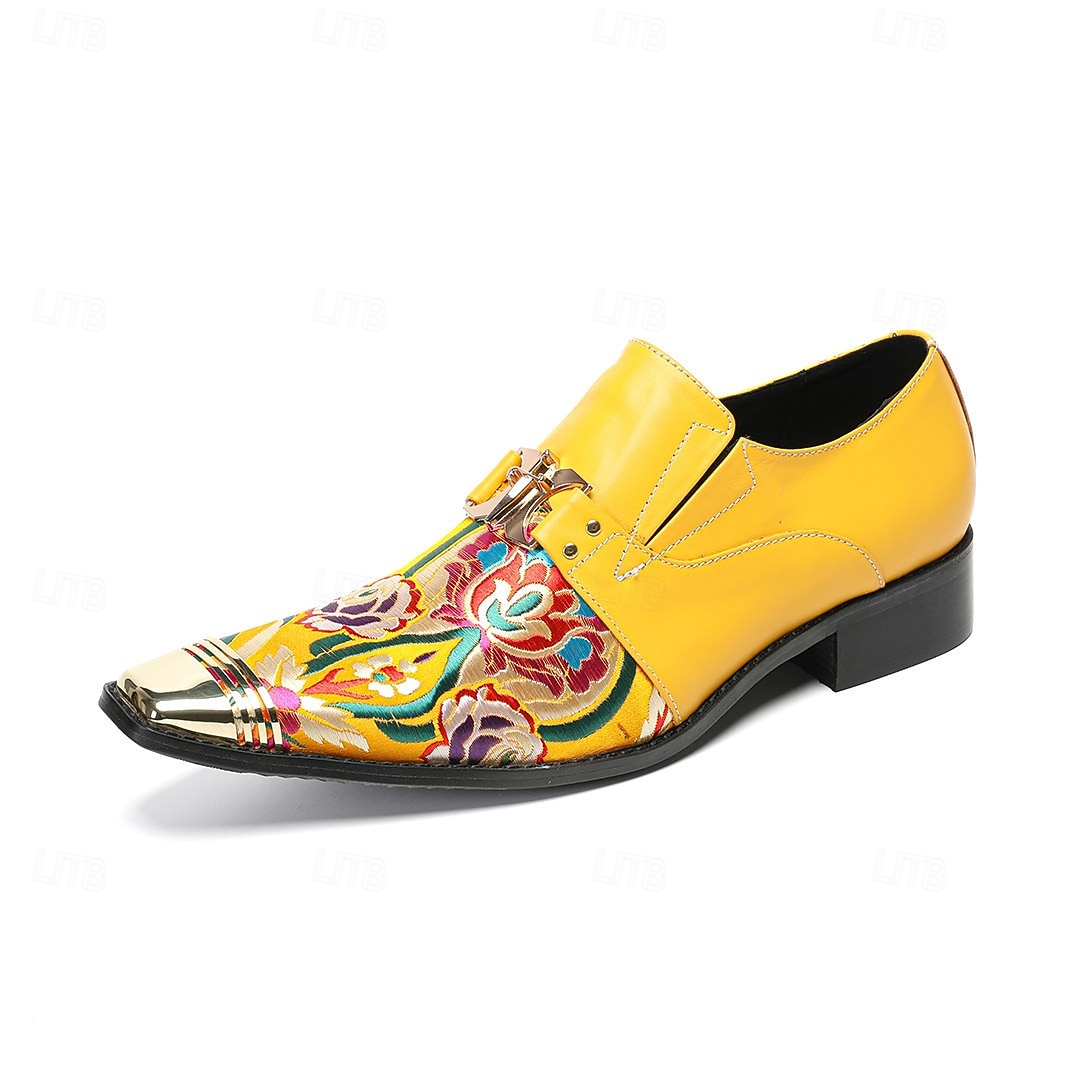 Chaussures habillées pour homme, à boucle, à bout pointu et embout métallique, ornées d'un imprimé floral jaune. Idéales pour les mariages, les banquets, les fêtes, les bals de fin d'année, les événements de mode et les soirées élégantes. de 2026 ? $109.99 –P2