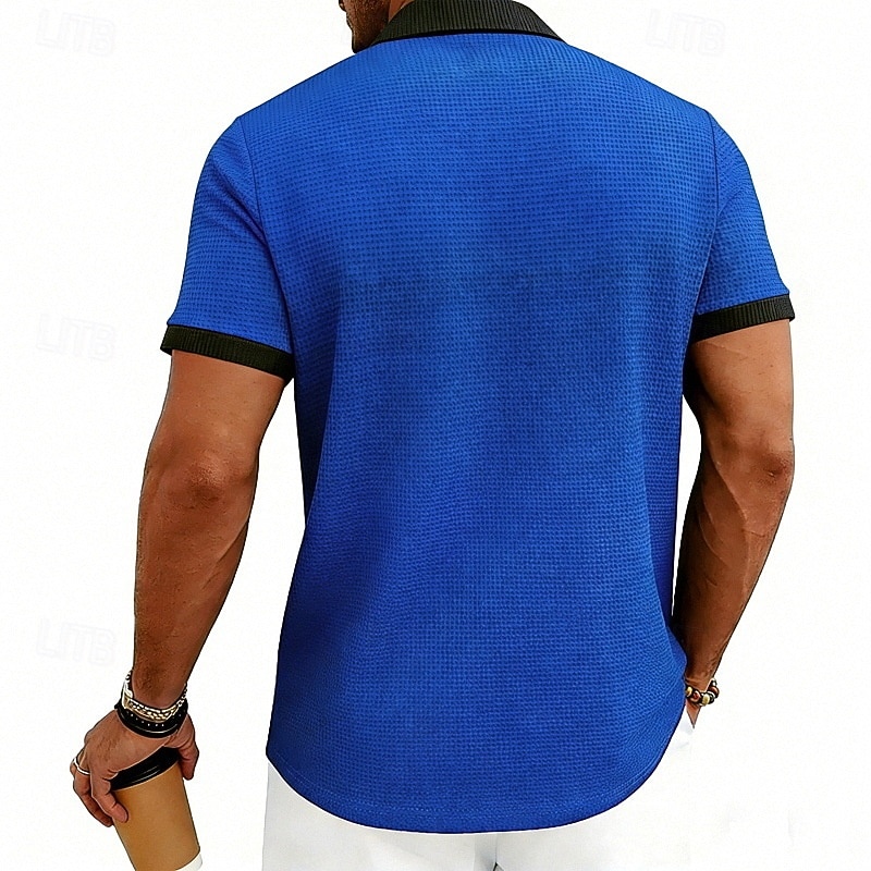 Voor heren Golfshirt Wafelgebreid poloshirt Casual liiketoiminta Klassiek Korte mouw Modieus Modern Effen Kleur Gestreept Knop Zomer Lente Normale pasvorm Wit Koningsblauw Groen Khaki Grijs Golfshirt 2026 - $20.99 –P3