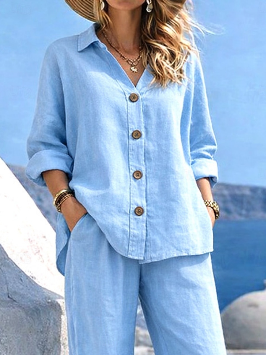 Damen Hosen-Sets Langarm Hemdkragen Einfarbig Elegant Mode Streetwear Lässig Täglich Outdoor Blau Frühling & Sommer Lässiger Schnitt 2026 - $42.99 –P5