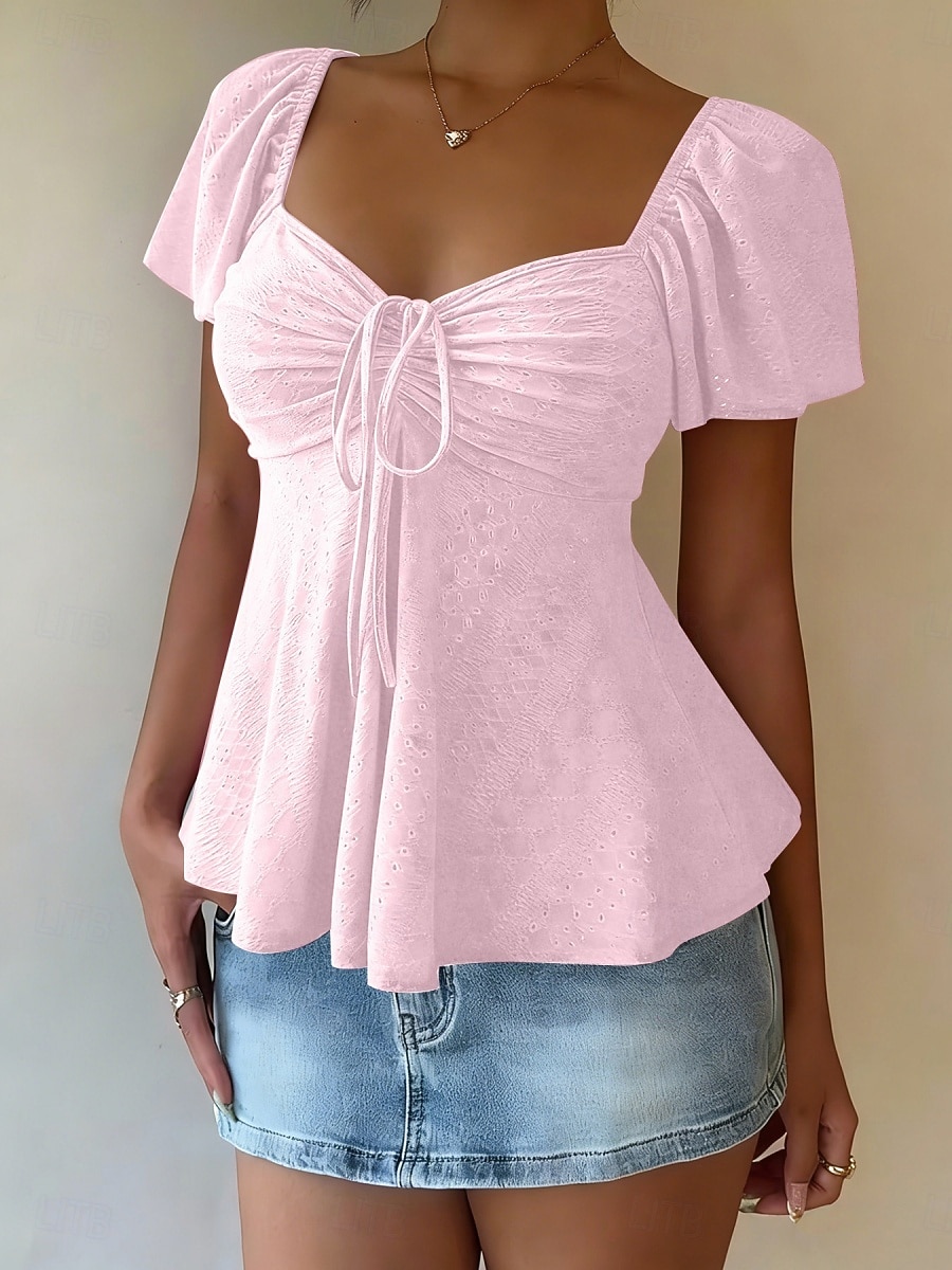 Femmes Chemisier Cordon de serrage Œillet Couleur Unie Élégant Sexy Occasionnel Manche Courte Col carré Hauts Réguliers Quotidien Noir Blanche Jaune Rose Claire Bleu Ciel Été Printemps de 2026 ? $19.99 –P14