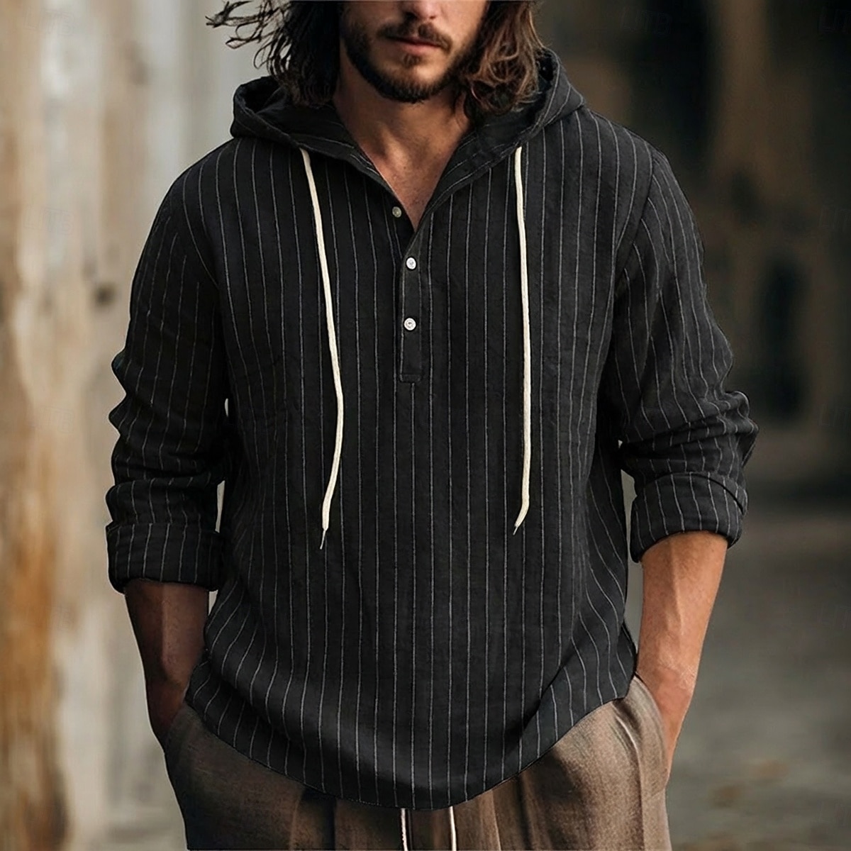 Homme Chemise Chemise en lin Chemise d'été Tenue de plage Chemise à capuche Chemises à rayures Bandes verticales Occasionnel Vacances Noir Blanche bleu marine Vert manche longue Sweat à Capuche Ét de 2026 ? $26.99 –P8