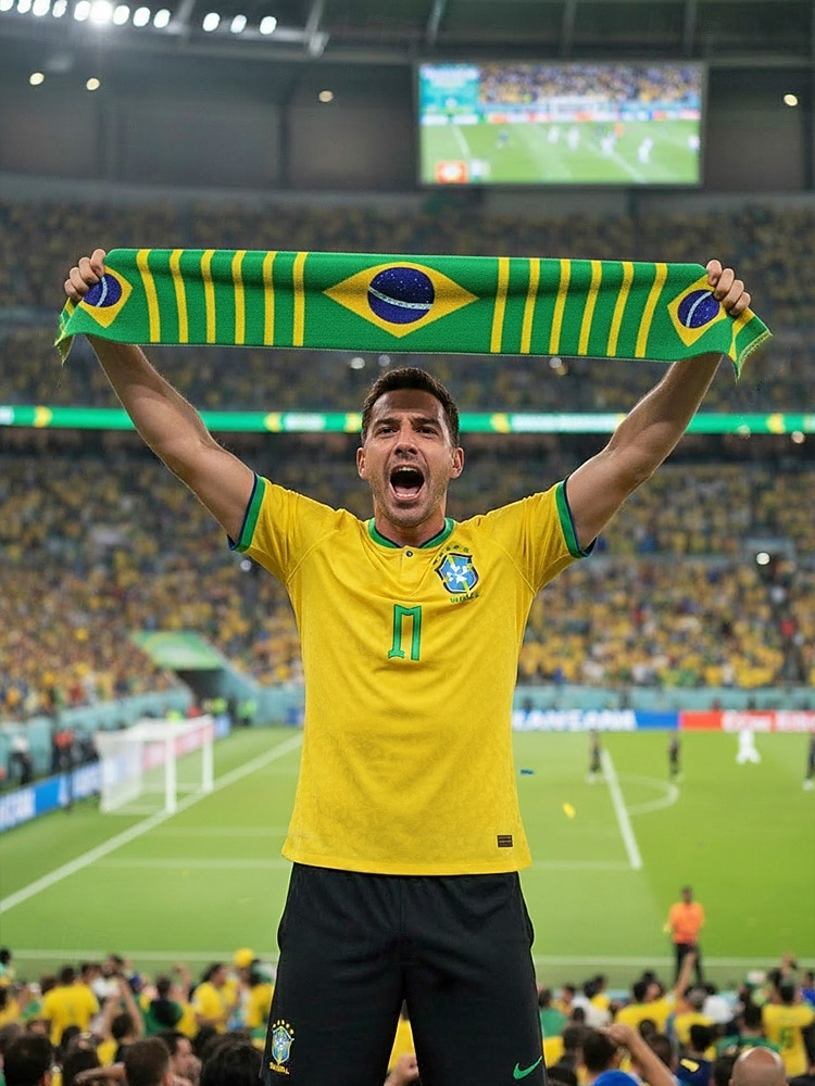 2026年 ブラジル国旗柄のメンズポリエステルタオルスカーフ。サッカーの試合観戦、スタジアムイベント、スポーツ観戦、普段使いに最適な、柔らかいサッカーファン応援スカーフです。  コレクション – $11.99 –P2