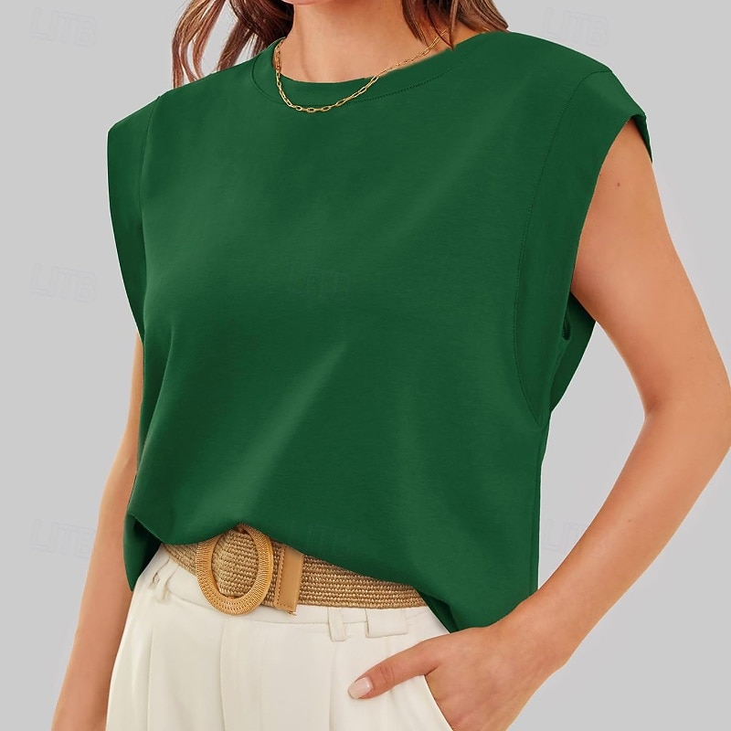 Mulheres Camiseta Côr Sólida Clássico Casual Sem Manga Gola Redonda Tops regulares Diário Para Noite Final de semana Preto Branco Vinho Verde Escuro Damasco Verão Primavera de 2026 por $22.99 –P3
