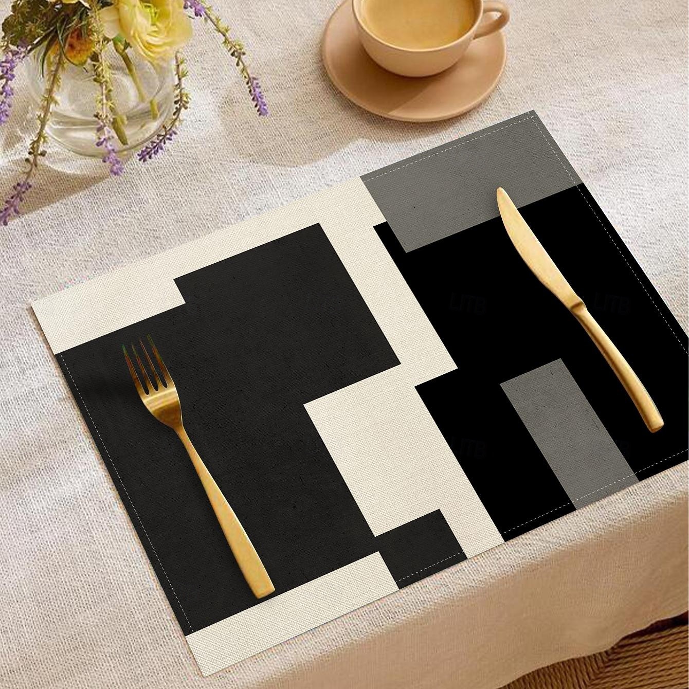 Черно-белая геометрическая салфетка под тарелку, прямоугольная, из 100% полиэстера, с абстрактным геометрическим узором, можно стирать в машине, термостойкая. 2026 - $9.49 –P5