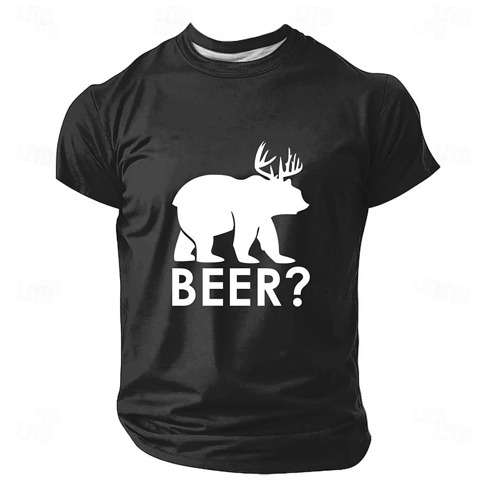Camiseta masculina com estampa de urso cervejeiro e chifres de veado, silhueta engraçada e humorística, estilo minimalista, modelagem regular, casual, para bares, festas e camping, ideal para de 2026 por $18.99 –P2