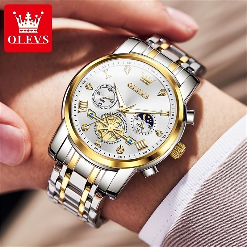 Olevs heren automatisch horloge luxe skeleton mechanisch polshorloge met maanfase waterdicht lichtgevend tweekleurig roestvrijstalen zakelijk modehorloge voor heren 2026 - $45.99 –P17