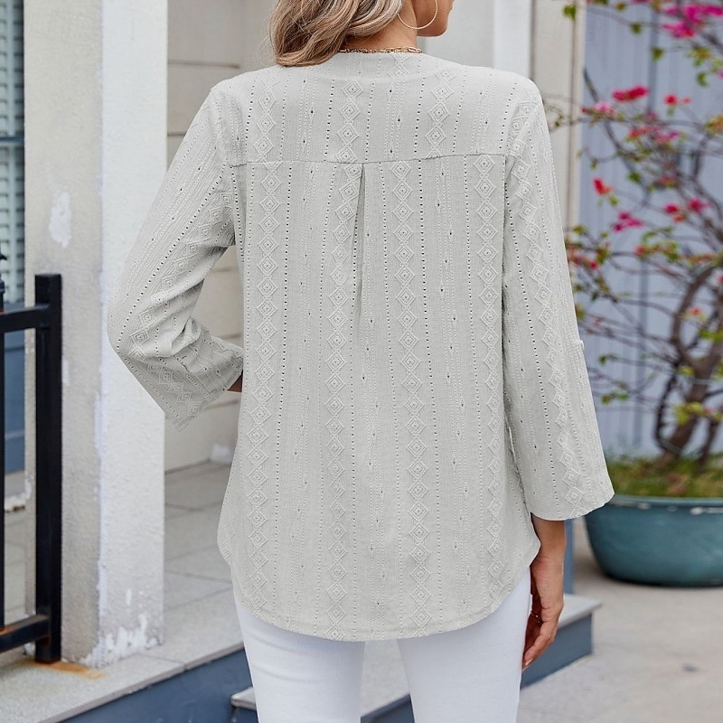 Women's Texture Blouse Eyelet Top Pointelle Tee T Shirt Eyelet Striped Fashion Classic Casual Long Sleeve V Neck Regular Tops Casual Daily Beach Black White Navy Blue Sky Blue Orange Summer Spring 2026 - $28.99 –P8