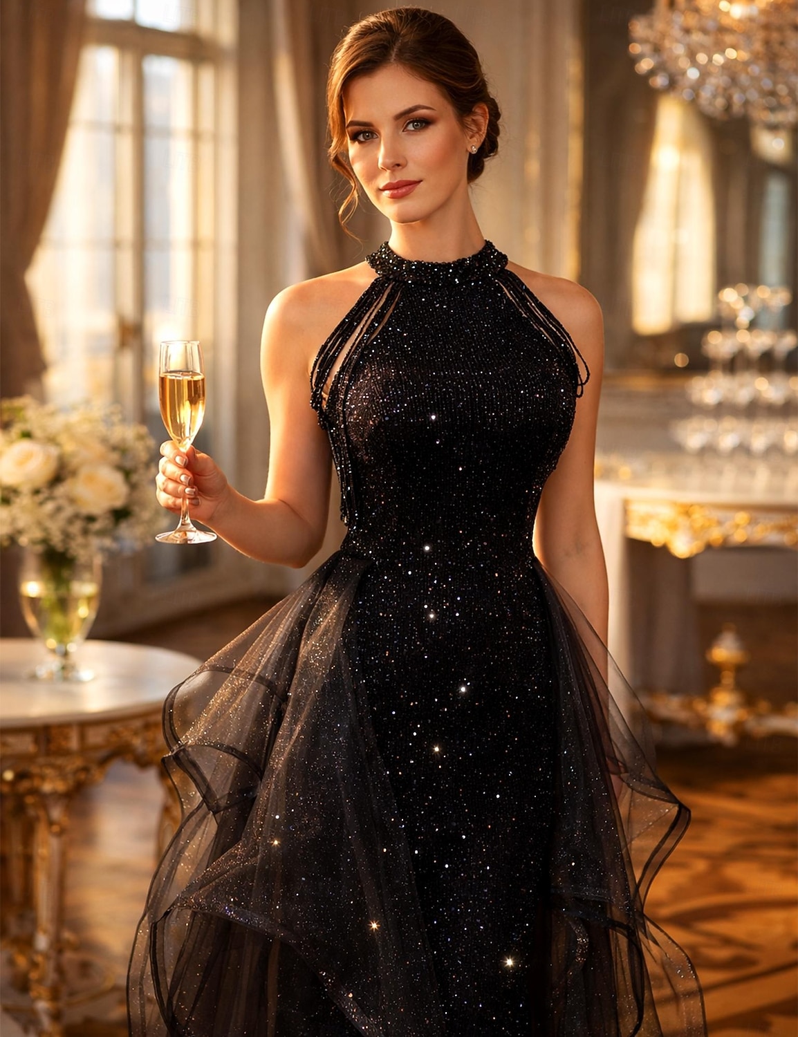 Krój A Tren sweep Suknie balowe Zabytkowe Błyszczące Wróżka Bez rękawów Kantarka Gość weselny Wesele Z cekinami z Dodatki kryształowe Cekin Falbany 2026 - $186.99 –P2