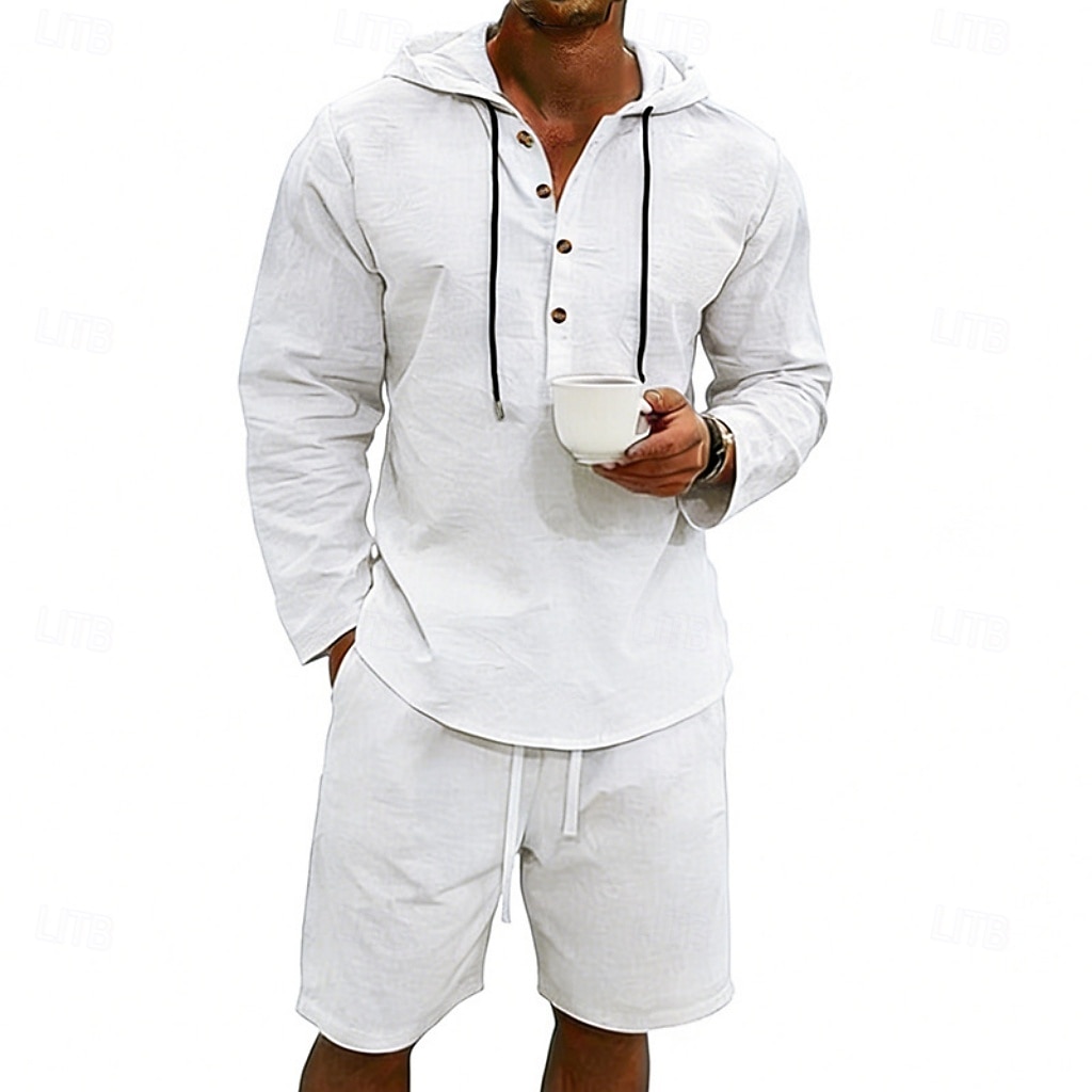 Herre Linskjorte 2 deler Popover skjorte Og Shorts Lin Shorts Strandshorts Sett عادي Daglig utendørs Feriereise Med hette Langermet Sommer Mote Fritid Bekvem Klær 2026 - $36.99 –P5