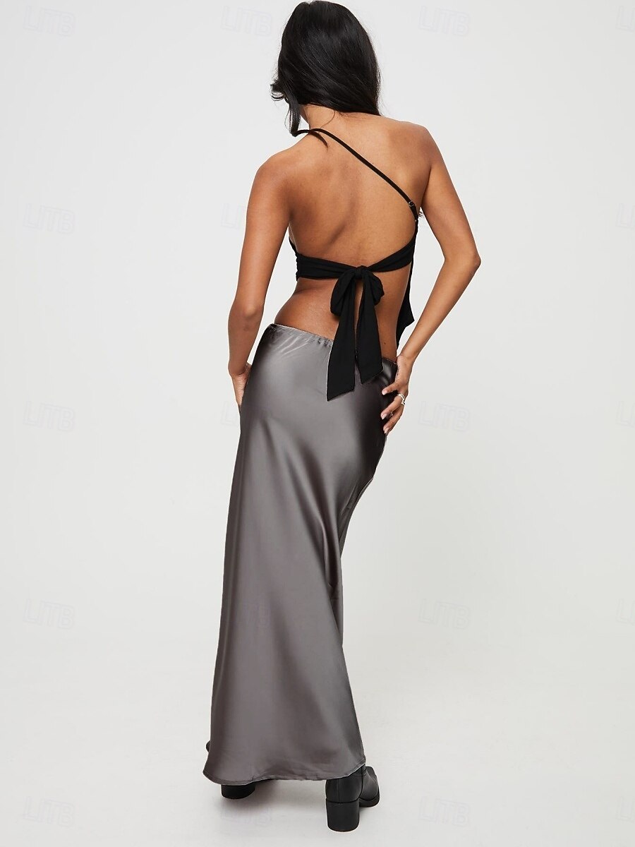 Per donna Gonne in raso Elegante Moda Maxi Vita Alta Gonne Semplice Coulisse Micro-elastico Feste Data Nero Blu marino Marrone chiaro Marrone Estate del 2026 a $40.99 –P12
