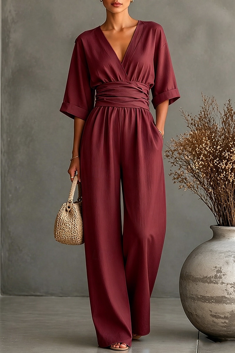Damen Overall Elegant Einfarbig Halbarm Weites Bein V Ausschnitt Patchwork Tasche Täglich Urlaub Normale Passform Schwarz Weiß Gelb Sommer 2026 - $37.99 –P4