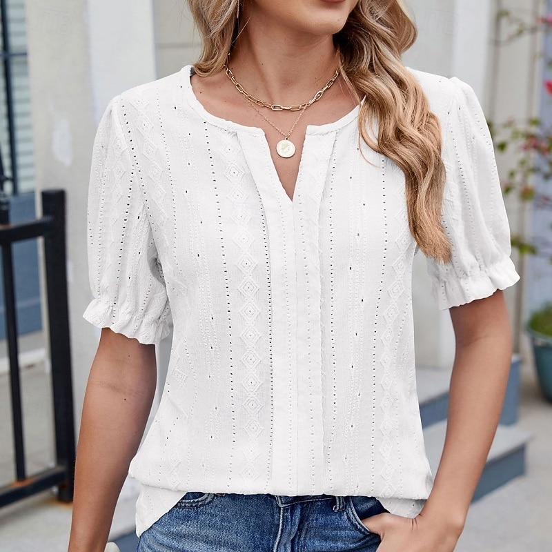 Per donna Blusa con texture Top traforato Maglietta traforata Maglietta Traforato Tinta unica Moda Classico Casual Manica Corta Scollo a V Top Regolari Casuale Quotidiano Spiaggia Nero Bianco Rosa del 2026 a $27.99 –P17